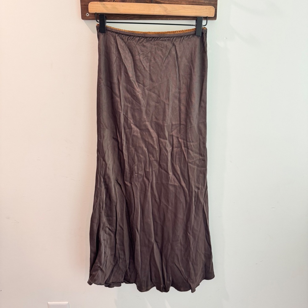 Nati Brown Satin Midi Skirt Lace Trim Waistband Size Small Chocolate Bias Cut
